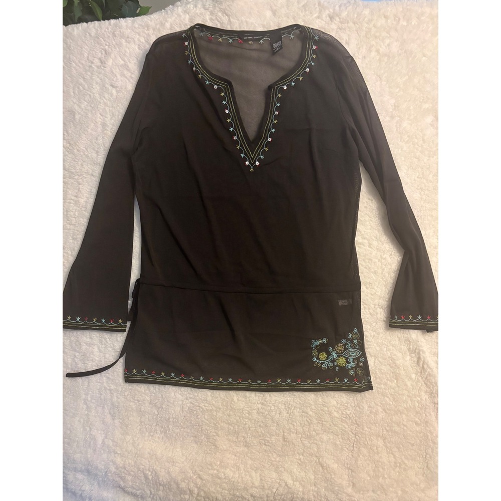 Vintage Y2K New York & Company Brown Sheer Mesh Embroidered Tunic V-Neck Sz L